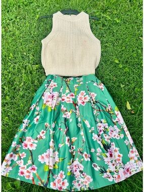Choies Satin Taffeta Midi Skirt floral lined green pink elasticized waist S 4/6